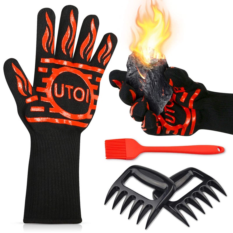 UTOI BBQ Grill Gloves Kit, 1472Â°F Heat Resistant BBQ Gloves/Long Non-Slip Oven Mitts, Meat Shredder Claws & Silicone Basting Brush for Grilling, Smoker, Baking, Barbecue, Kitchen & Outdoor Cooking - Image 1